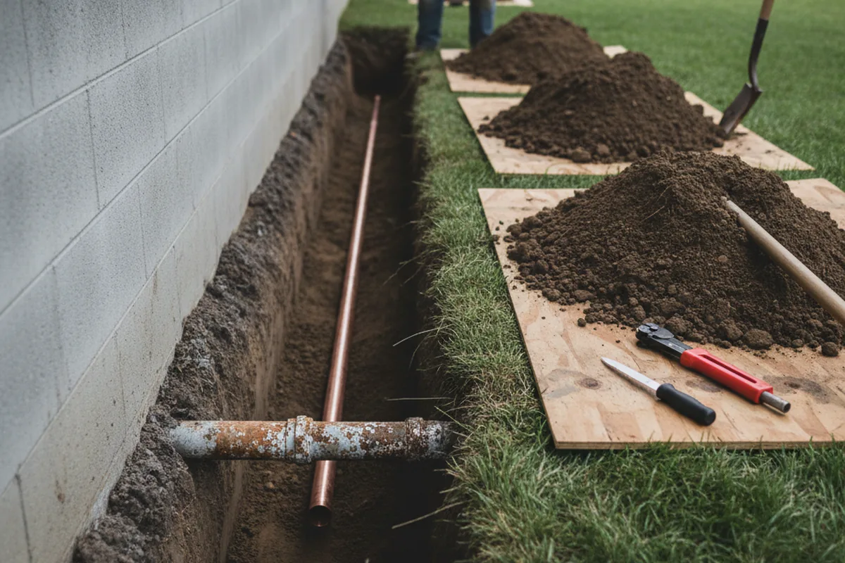 Excavated water line trench during Water Heater Repair in Prospect Heights